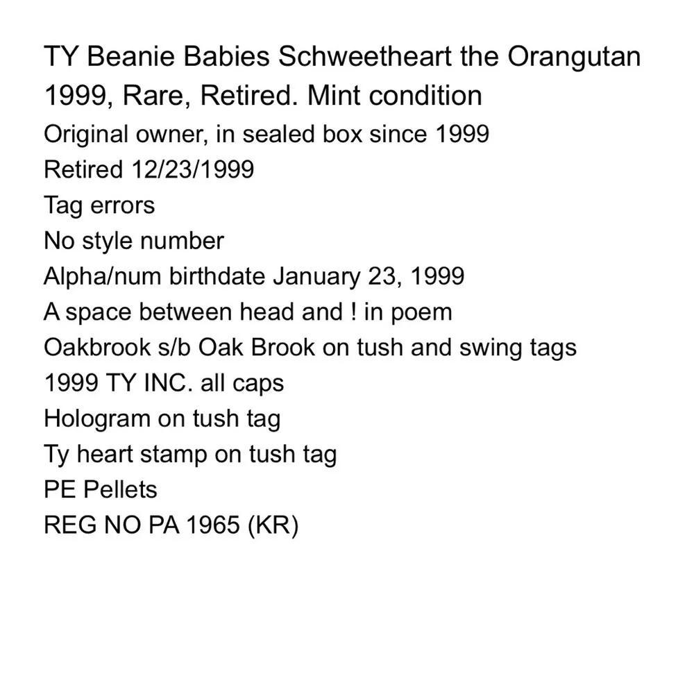 Beanie Babies Orangutan Schweetheart TY Rare 1st Edition Collectible Tag Errors